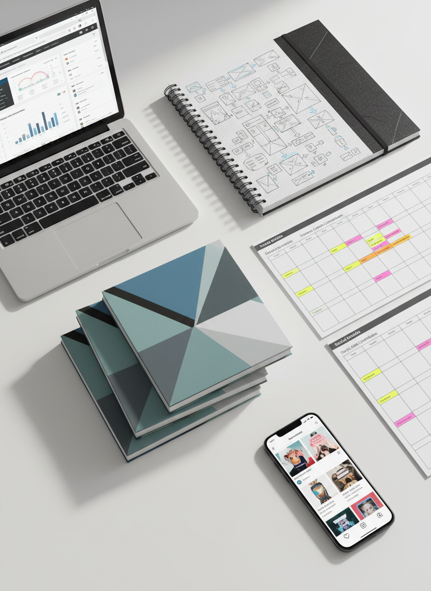A close-up, overhead view of a meticulously arranged flat lay of advertising tools: a silver laptop open to a web browser analytics dashboard, a spiral-bound sketchbook with hand-drawn wireframes for a digital marketing campaign, neatly stacked brand style guides, and printed social media content calendars with colored highlights. A smartphone rests beside them showing a social media feed filled with branded posts. The scene is set on a smooth white table, with soft diffused morning light from the left casting subtle, clean shadows. The composition follows a balanced rule of thirds with crisp photographic realism, conveying an organized, analytical, yet creative approach to marketing and brand strategy.