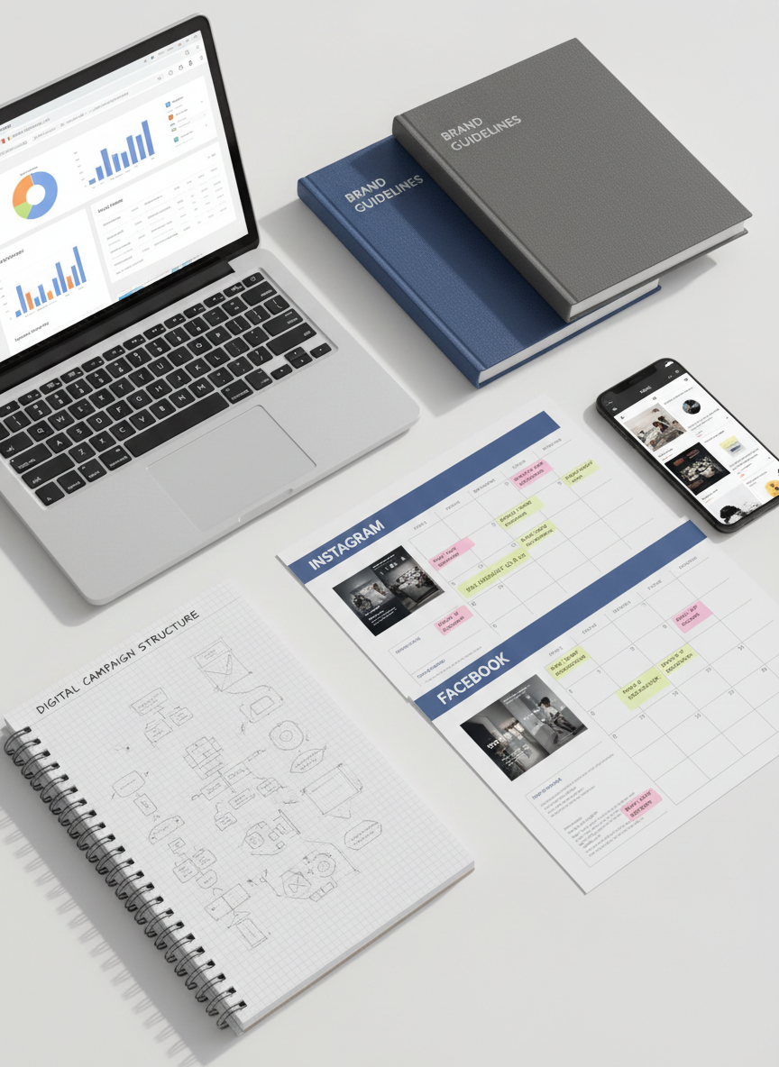 A close-up, overhead view of a meticulously arranged flat lay of advertising tools: a silver laptop open to a web browser analytics dashboard, a spiral-bound sketchbook with hand-drawn wireframes for a digital marketing campaign, neatly stacked brand style guides, and printed social media content calendars with colored highlights. A smartphone rests beside them showing a social media feed filled with branded posts. The scene is set on a smooth white table, with soft diffused morning light from the left casting subtle, clean shadows. The composition follows a balanced rule of thirds with crisp photographic realism, conveying an organized, analytical, yet creative approach to marketing and brand strategy.