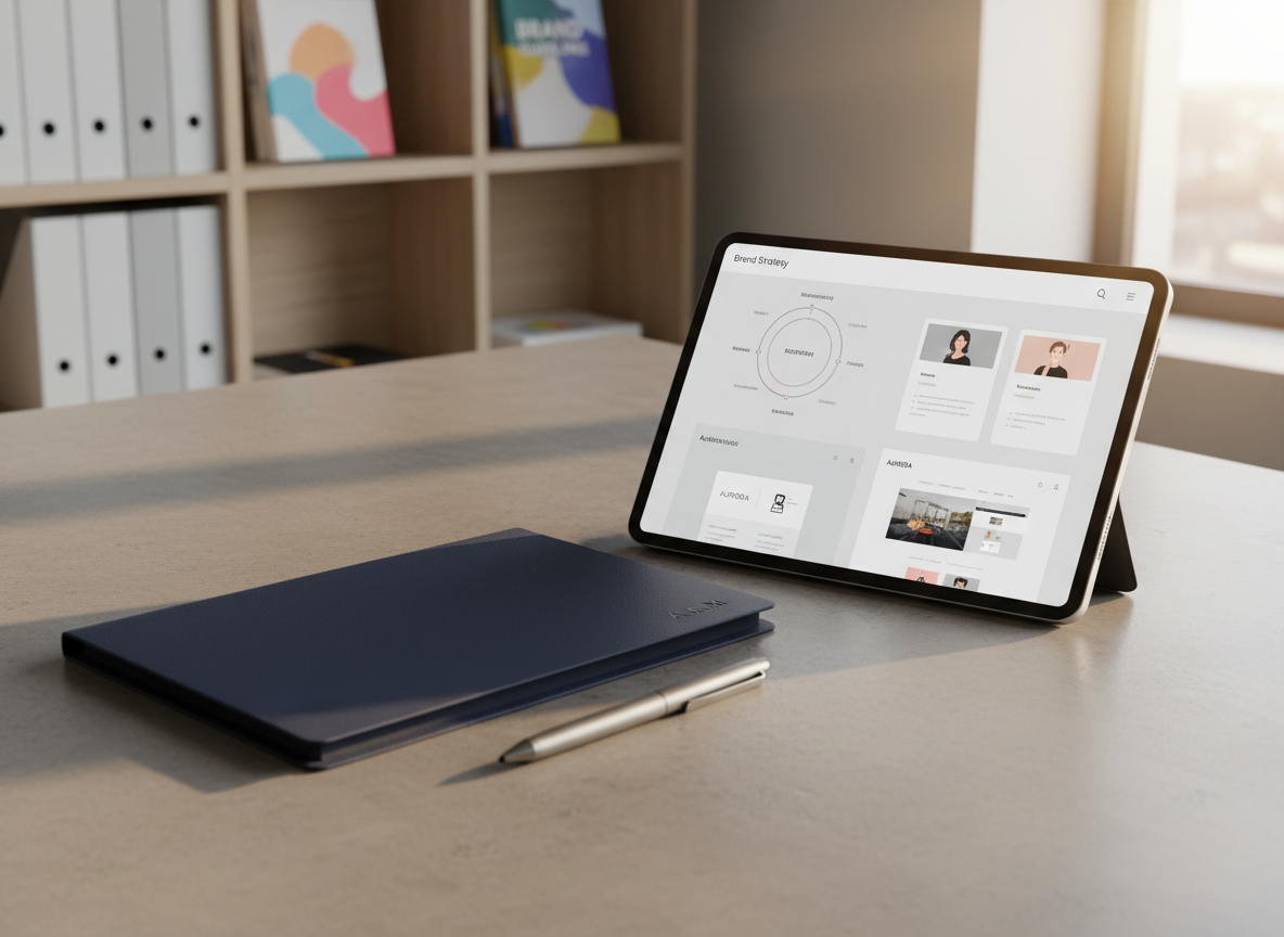 A clean digital tablet lying on a smooth concrete tabletop, its screen filled edge-to-edge with a polished case study presentation for a brand strategy project: slides showing brand positioning diagrams, audience personas, and before-and-after visuals of a rebrand. Beside the tablet rests a closed navy-blue portfolio folder embossed subtly with initials and a slim metallic pen. A faintly blurred background shows shelves with organized binders and brand guideline books. Warm, late-afternoon light streams from the right, creating soft gradients and delicate shadows along the tablet’s edge. Captured from a slightly elevated angle in crisp photographic realism, the scene feels thoughtful, methodical, and presentation-ready, ideal for illustrating in-depth professional case studies.