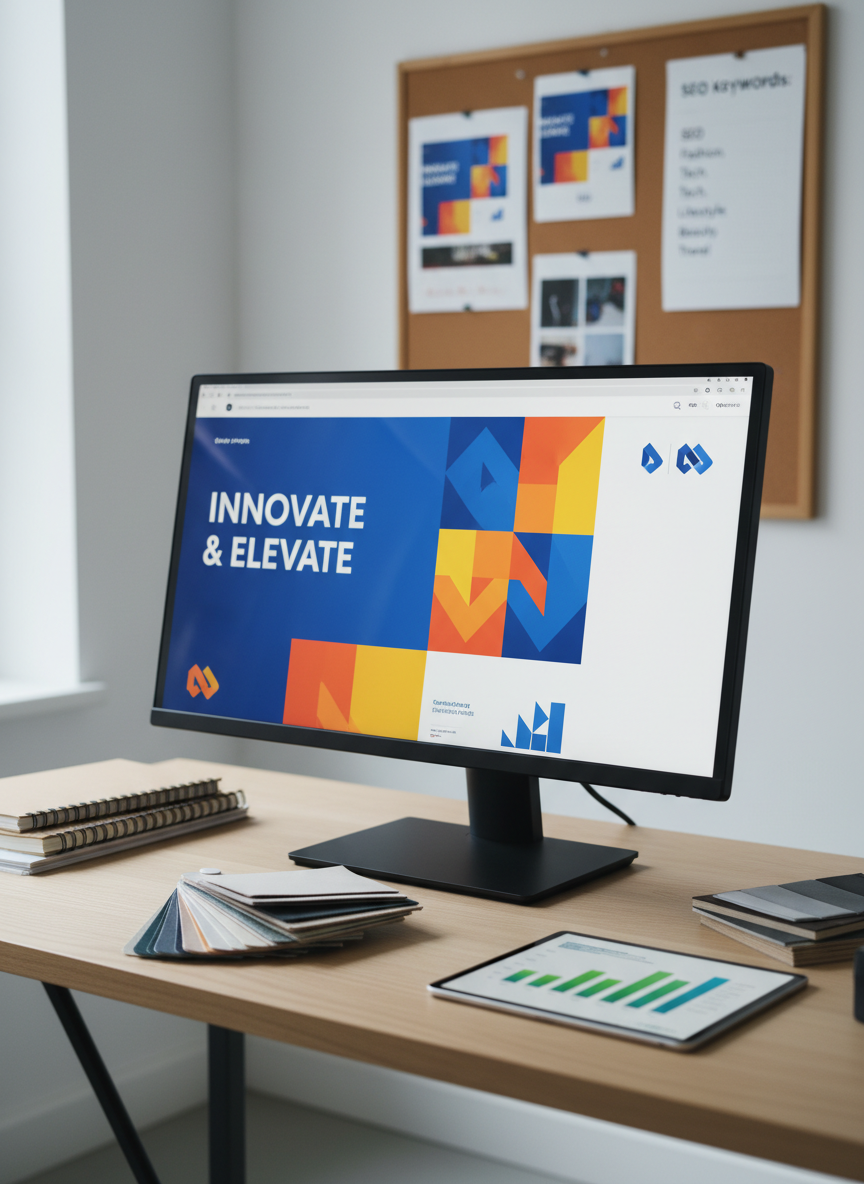 A sleek, modern workspace featuring a large matte-black monitor displaying a vibrant advertising campaign layout with bold typography and colorful brand elements. The monitor sits on a light oak desk with neatly arranged notebooks, color swatch books, and a tablet showing analytics graphs. In the background, a white wall holds a minimal corkboard with pinned print ad mockups and SEO keyword lists, softly out of focus. Cool daylight pours in from an unseen window, creating gentle reflections on the screen and clean shadows along the desk edge. Shot at eye level with a shallow depth of field for photographic realism, the atmosphere feels professional, focused, and strategic, ideal for the homepage of an advertising portfolio.