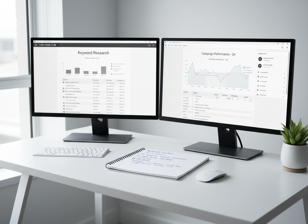 A minimalist white desk hosting a dual-monitor setup, one screen displaying a keyword research interface for search engine optimization, the other showing a detailed pay-per-click dashboard for search engine marketing. Between them lies a notepad filled with neatly written keyword clusters and bid strategy notes beside a slim wireless keyboard and mouse. On the far edge of the desk, a small potted plant adds a touch of green against the otherwise monochrome palette. Cool, even daylight from a nearby window produces soft, low-contrast shadows, enhancing clarity. Photographic realism with an eye-level composition and moderate depth of field creates a calm, analytical mood, perfectly representing a data-driven digital marketing and SEO/SEM focus.