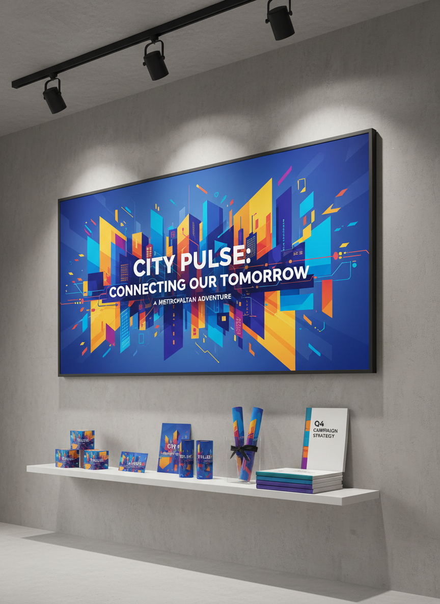 A large, high-resolution digital billboard mockup displayed on a slim, frameless screen mounted against a neutral gray wall, showcasing a bold, colorful concept for a city-wide advertising campaign. Surrounding the screen on a floating shelf are miniature branded packaging prototypes, printed campaign posters, and a neat stack of media planning documents marked with tabs. Overhead track lighting casts focused, even illumination on the billboard display, creating gentle highlights on the screen’s surface and slight falloff toward the edges of the room. Shot from a slightly low angle to emphasize impact, with sharp focus and clean photographic realism, the mood is confident, ambitious, and professional, underscoring expertise in large-scale brand campaigns.