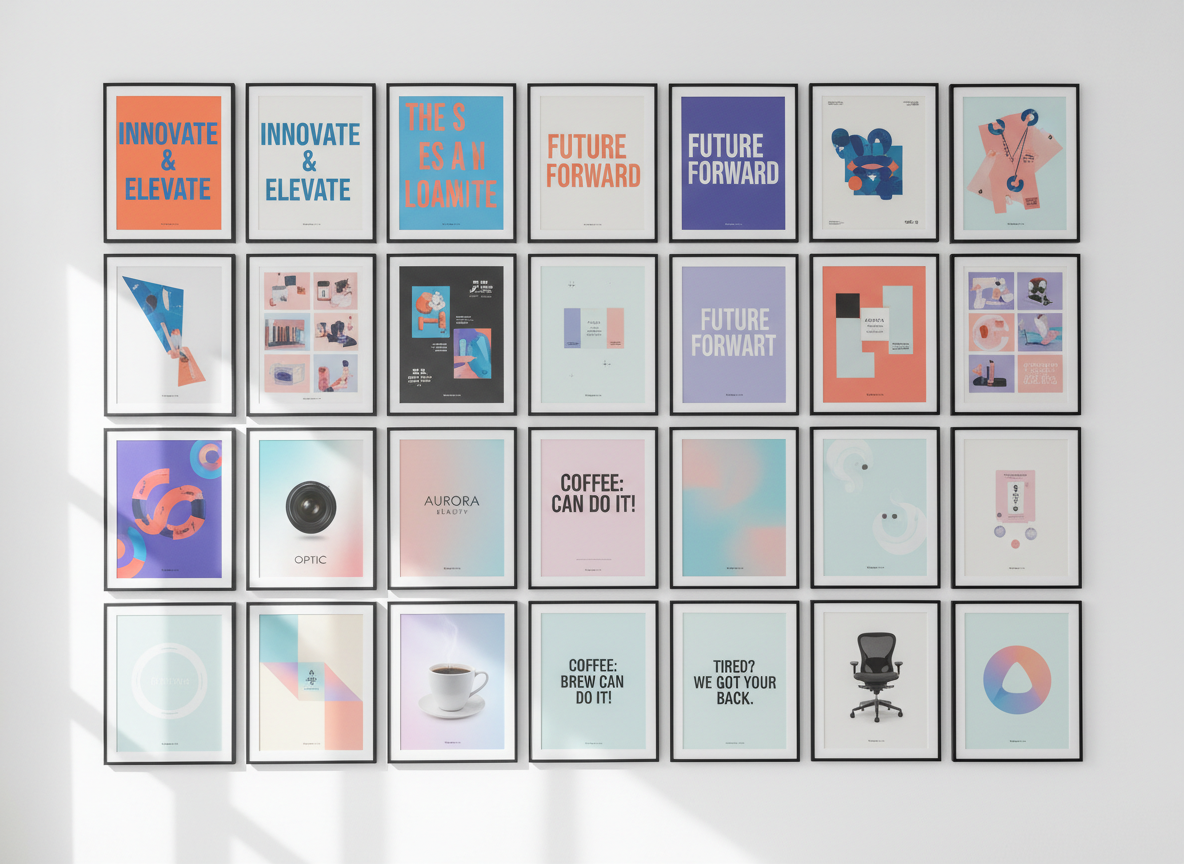 A vibrant wall of framed advertising and social media campaign posters arranged in a precise grid, each frame containing a different concept: bold typography-driven print ads, colorful social media carousels, minimalist product spotlights, and clever tagline executions. The frames, all in slim black metal, hang on a clean white wall in a bright studio-like setting. Soft, diffused overhead lighting evenly illuminates the work, enhancing the saturation and clarity of each piece without harsh reflections. Shot from a straight-on, eye-level angle with sharp focus across the entire frame, the photographic realism and orderly composition convey a polished, portfolio-gallery atmosphere that highlights range and professionalism in creative advertising solutions.