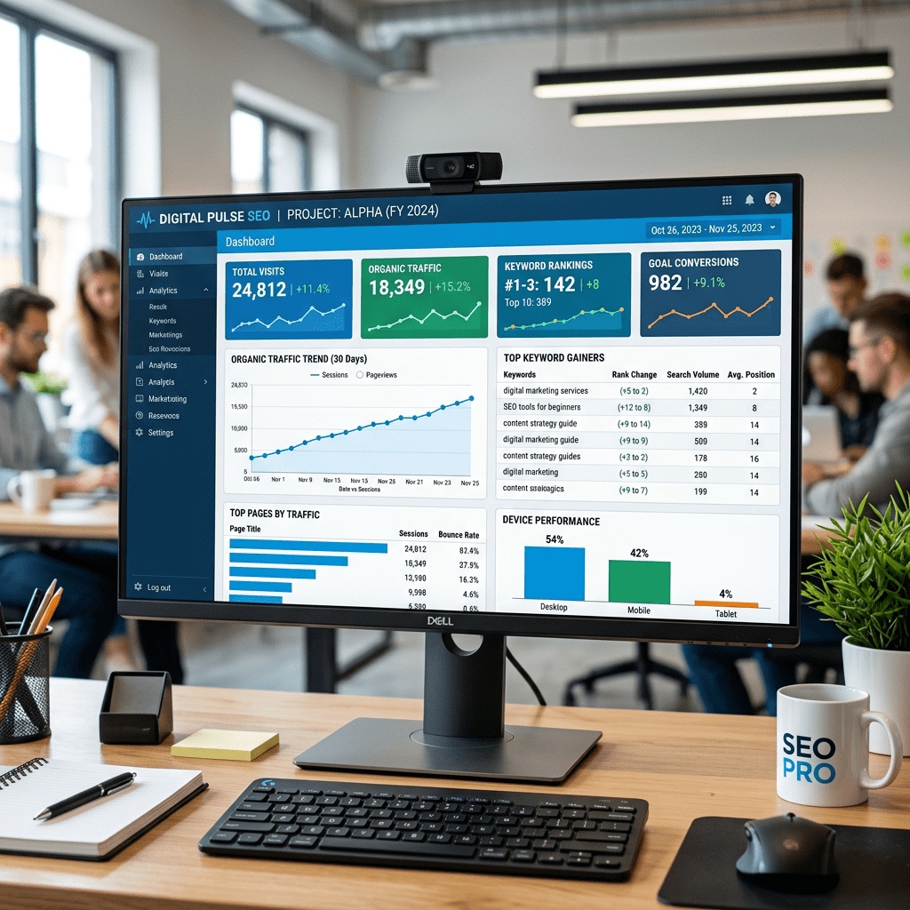 Screen displays detailed SEO results dashboard